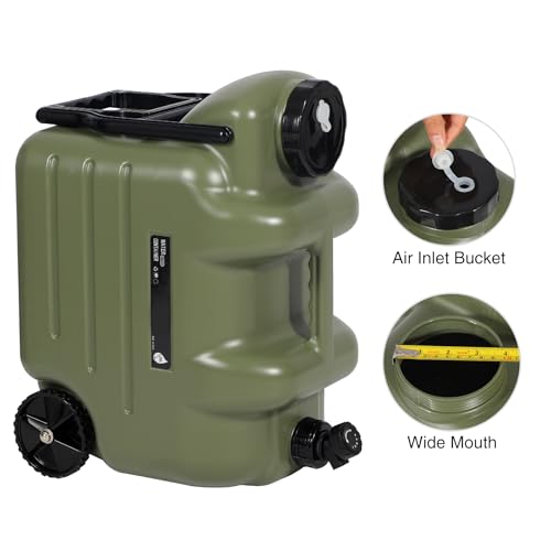 REDCAMP 7.4 Gal Water Container with Wheels & Spigot | Portable Rolling Emergency Camping Water Jug with Folding Handle | BPA Free Food Grade Water Storage Tank for Camping, Hiking(28L, Green)