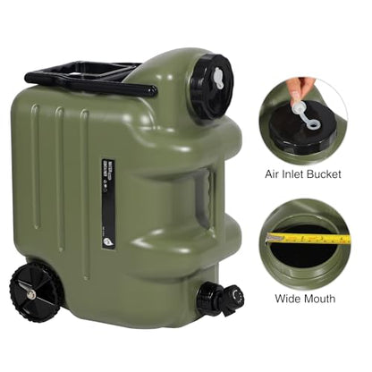 REDCAMP 7.4 Gal Water Container with Wheels & Spigot | Portable Rolling Emergency Camping Water Jug with Folding Handle | BPA Free Food Grade Water Storage Tank for Camping, Hiking(28L, Green)
