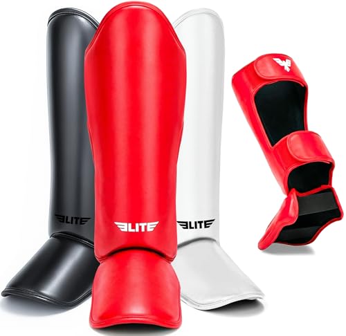 Elite Sports Muay Thai Shin Guards Kickboxing MMA Muay Thai Leg Instep Protective Pads, Martial Art Kicking Sparring Training Gear for BJJ Karate Boxing Taekwondo - color: Solid Red, size: LXL