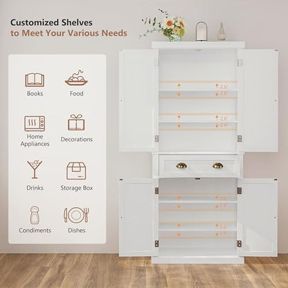 72" Kitchen Pantry,Tall Storage Cabinets with Doors and Shelves,Freestanding Pantry Cabinet for Bathroom,Dining Room and Living Room (Standard White) - color: Standard White