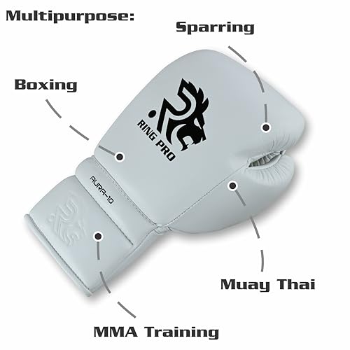 Aura 100 Full Grain Leather Lace Up Boxing Gloves for Men & Women – Professional Training, Sparring, Competition, Muay Thai, Kickboxing & Heavy Bag Gloves - color: White, size: 14 OZ