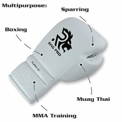 Aura 100 Full Grain Leather Lace Up Boxing Gloves for Men & Women – Professional Training, Sparring, Competition, Muay Thai, Kickboxing & Heavy Bag Gloves - color: White, size: 16 OZ