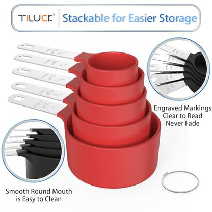 Measuring Cups & Spoons Set, Stackable Cups and Spoons, Nesting Measure Cups with Stainless Steel Handle, Kitchen Gadgets for Cooking & Baking (Red) - color: Red