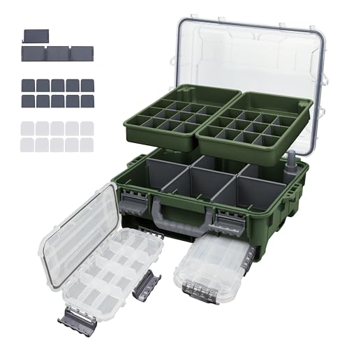 RUNCL Universal Fishing Tackle Box with Two Small Tackle Tray, Removal Inside Design Waterproof Trunk Storage Box, Thicker Floating Airtight Stowaway, Xmas Surprise Fishing Gifts for Men Women - color: Green