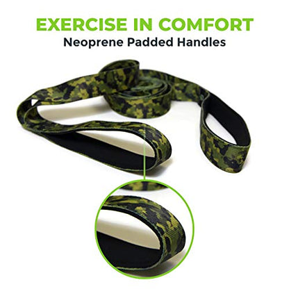 Stretching Strap for Physical Therapy, 12 Multi-Loop Stretch Strap 1.5" W x 8' L, Neoprene Handles, Physical Therapy Equipment, Yoga Straps for Stretching, Leg Stretcher. - color: Camo