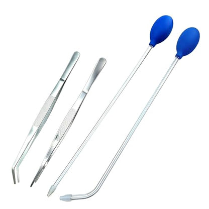 Aquarium Reptile Fish Feeder Tool Set – 2 Coral Feeder Pipettes (18.5 Inch), 11.81 Inch Stainless Steel Curved & Straight Tweezers, Long Handle Tools for Reef Tank & Terrarium Care