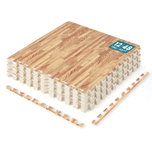 Happygrill Interlocking Wood Grain EVA Foam Floor Tiles, 48 Sq. Ft, 12 PCS | 0.4" Thick Interlocking Exercise Foam Mats with 24 Borders, 24"x24" Gym Flooring for Home, Basement, Yoga & Playrooms - color: Natural, size: 48 Sq. Ft.