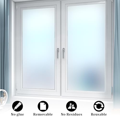 Window Privacy Film, Frosted Glass Static Cling Non-Adhesive Window Cover For Bathroom UV Sunlight Blocking Heat Control For Home Decorative Frosting Pure Matte White Size 17.5 x 78.74 Inches