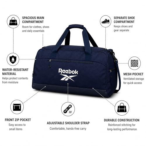 Reebok Lightweight Unisex Carry On Gym Duffle Bag for Men & Women, Sports - color: Hamilton Navy