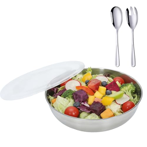 Extra Large Stainless Steel Salad Bowl with Lid and Salad Servers, Wide Mouth Mixing Bowl, Stackable Food Prep Bowl for Kitchen, Fruit, Pasta, Party, Leftovers