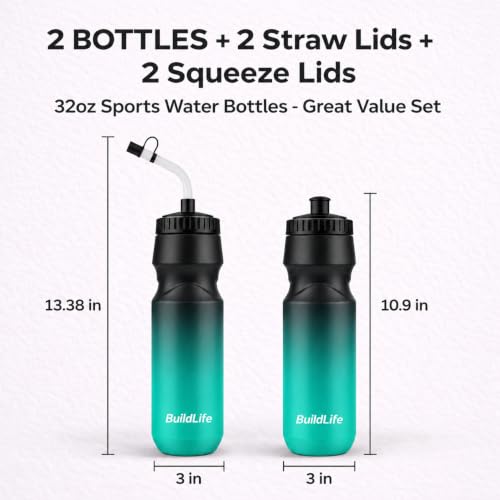 BuildLife Hockey Water Bottle, 32 OZ, 2 Pack, Black Blue+Black White - color: Black Blue+Black White