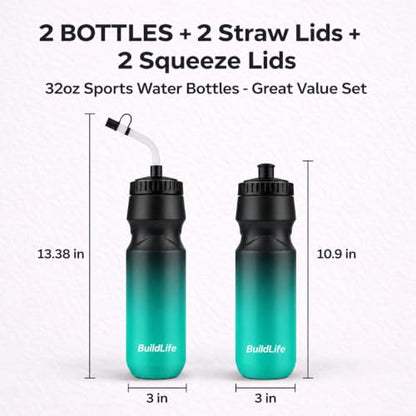 BuildLife Hockey Water Bottle, 32 OZ, 2 Pack, Black Blue+Black White - color: Black Blue+Black White