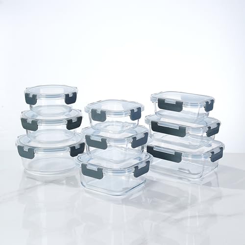 Glass Meal Prep Containers, [9 pieces] Glass Food Storage Containers with Lids,BPA Free & Leak Proof (9 Lids&9 Containers) - color: gray