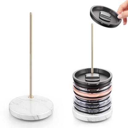 Stainless Steel Tumbler Lid Organizer With Marble Base for Stanley Cup/Yeti - Space-Saving Vertical Stacker for Up to 10 Lids, Clutter-Free Kitchen Cabinets and Countertops (Gold) - color: Gold