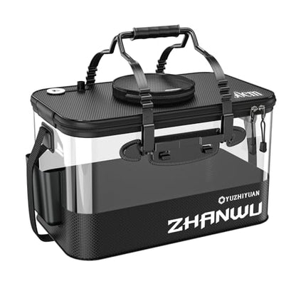 Fishing Bucket Foldable, 6Gallon/10Gallon Live Bait Bucket,Thickened EVA Transparent Lid Live Fish Container with Aeration Hole, Live Bait Bucket for Camping, Fishing Day(Black) - size: 10 Gallon