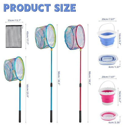 2PCS Telescoping Kids Fishing Net with Handle and Collapsible Bucket Kits-with Lightweight Aluminum Pole,Suitable for Catching and Releasing Fish,Minnow,Crabs,Butterfly,Frogs or Small Animals Outdoor