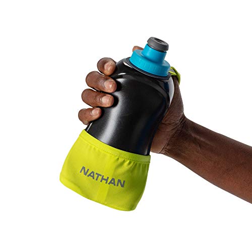 Nathan Running Handheld Water Bottle Adjustable No-Grip Quick Squeeze Lite Hand Strap. Reflective Hydration - color: Finish Lime / Blue Me Away, style: 18oz