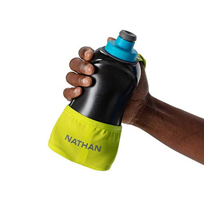 Nathan Running Handheld Water Bottle Adjustable No-Grip Quick Squeeze Lite Hand Strap. Reflective Hydration - color: Finish Lime / Blue Me Away, style: 18oz
