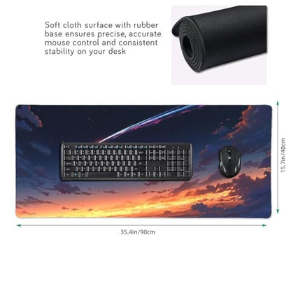 XXL Gaming Mouse Pad 35.4 x 15.7 Inch, Large Desk Mousepad with Comet Design, Water-Resistant Surface, Stitched Edges, Non-Slip Rubber Base Desk Mat - color: Comet