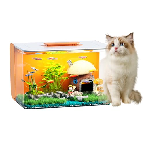 2.5 Gallon Fish Tank Small Aquarium Starter Kit with Hidden Filtration, 3 Color Light, Self Cleaning Nano Tank for Betta, Shrimp, Guppy, Angelfish - color: Orange