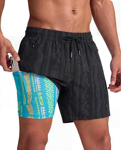 maamgic Mens Swim Trunks with Compression Liner 5 Inch, Quick Dry Bathing Suit with Zipper Pockets, No-Chafing Swim Shorts - color: Black-legendary Dragon, size: Medium
