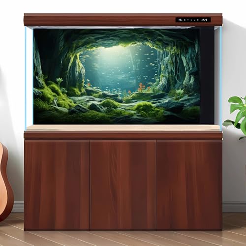 Underwater Aquarium Background Undersea Cave Large Rocks Fish Tank Background Aquatic Plant Lush Green Moss Terrarium Backgrounds Ocean Seabed Caves Landscape Reptile Tank Backgrounds 30x12in - size: 30(W)x12(H)inches/ 75(W)*30cm(H)