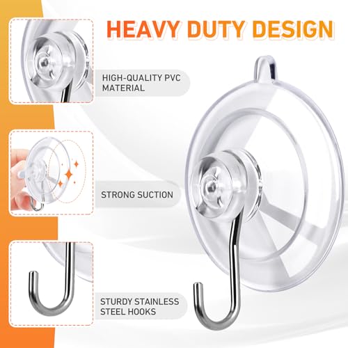 Suction Cup Hooks 16Pack - Max Load 10LB, 1.77Inch Clear Medium Suction Cups, No Trace, Reusable & Removable, Stainless Steel Hooks, for Tile, Glass, Window, Shower, Kitchen, Bathroom - size: 16pc-Medium Size