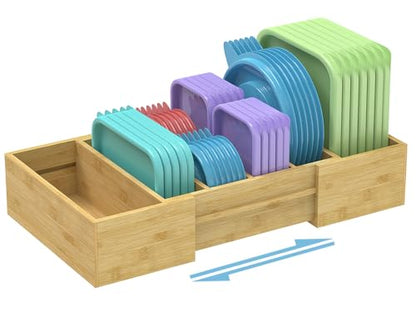 Lid Organizer for Cabinet, Bamboo Expandable Kitchen Organizer with 3 Adjustable Dividers for Plastic Lids, Large Food Storage Container Lid Holder for Drawer, Countertop, Pantry