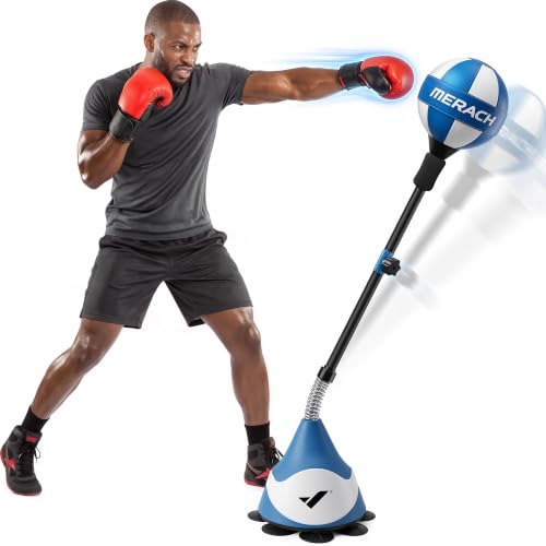 MERACH Punching Bag with Stand, 8 Suction Cups 53-62 Height Adjustable | Stress Relief, Sand Filled Base, Carbon Steel Spring, Fast Rebound, Easy Assembly, Home Gym Boxing Equipment (Blue & White)
