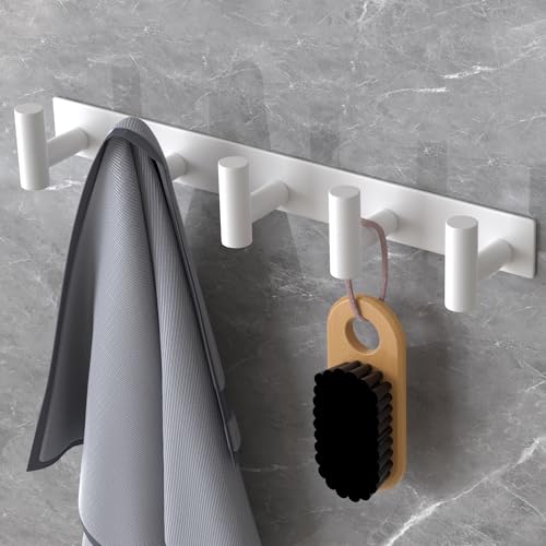 PMMASTO White Stainless Steel Wall Coat Racks with 5 T-Shaped Hooks, 1 Pack - color: White, size: 5 "T" Hooks, 1PACK