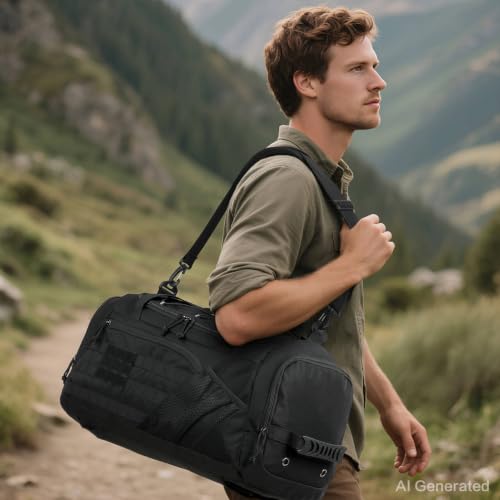 3-in-1 Tactical Gym & Travel Duffle Bag Backpack Men Multi-Functional 45L Military Sports Duffle Bag with Shoe Compartment & Wet Pocket for Workout Weekender Overnight Bag with Molle Webbing, Black - color: Black