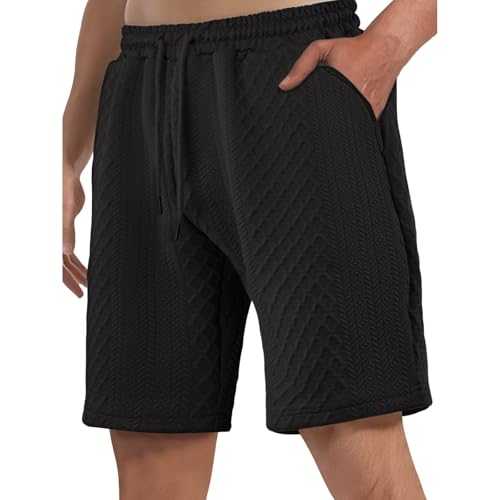 Men's Shorts Summer Casual 7 Inch Cable Knit Stretch Elastic Waist Drawstring Workout Gym Beach Shorts with Pockets - color: Black, size: 3X-Large