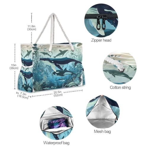 senya Large Beach Bags Totes Canvas Tote Shoulder Bag Soft Wave Water Resistant Bags for Gym Travel Daily Ocean - color: Marine Killer Whale
