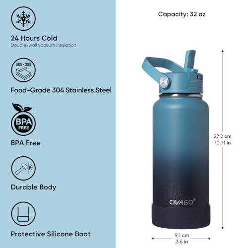 CIVAGO 32 oz Insulated Stainless Steel Water Bottle with Removable Straw | Large Leakproof Metal Water Jug, Sports Thermal Flask Cup with Bucket Handle, Silicone Boot, Dishwasher Safe,Indigo Black - color: .Indigo Black, size: 32 Ounces