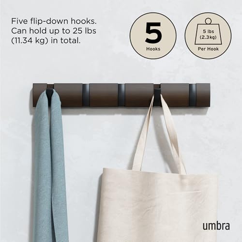 Umbra Flip Coat Rack, Wall Mounted 5-Hook Space Saving, Walnut/Black - color: Walnut/Black, size: 5 hook