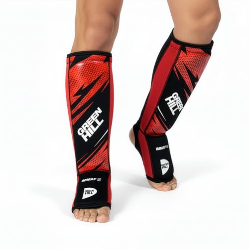 Green Hill IMMAF Shin Guards for MMA, Muay Thai & Kickboxing - color: Black/Red, size: Large
