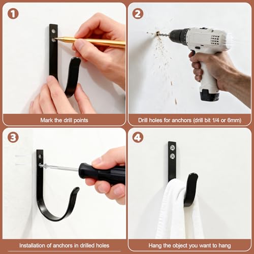 Heavy Duty Metal Wall Hooks 22LB, 4 Pcs Black Large Coat Hooks Wall Mount - color: Black