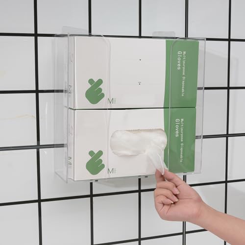Cq acrylic Rubber Glove Holder for Wall Mount,Clear Disposable Glove Dispenser and Glove Box on Wall,Multipurpose Wall Floating Mask Dispenser and Medical Gloves Rack Storage,10.2”x9.8”x3.5” Pack of 1 - size: Can hold 2 boxes