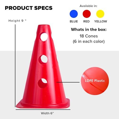 GSi 9-Inch Cones with Holes for Hurdle & Agility Training | Creates Training Hurdles, Stable in Wind, Sturdy Construction, Bright Colors, 18 Cones in 3 Colors