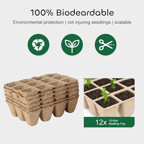 GROWNEER 144 Cells Peat Pots Seed Starter Trays, 12 Packs Biodegradable Seedling Pots Germination Trays, Organic Plant Starter Kit with 15 Pcs Plant Labels