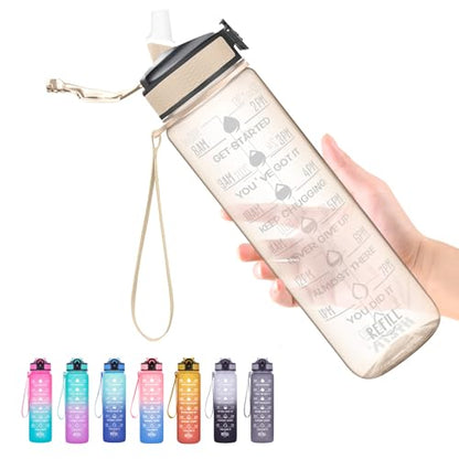 Hyeta Water Bottle with Straw & Time Marker, Plastic 32oz Leakproof - color: Clear Amber