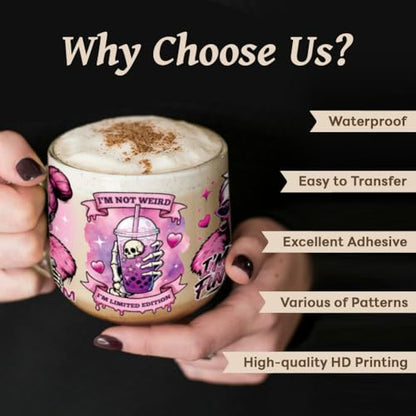 UV DTF Cup Wraps Transfer Stickers Humorous Skull Pattern, 10 Sheets Waterproof Custom Vinyl Transfer Sticker 16oz Coffee Glass Cup Tumbler Bottle Mug Decals for Men Women - style: Humorous Skull