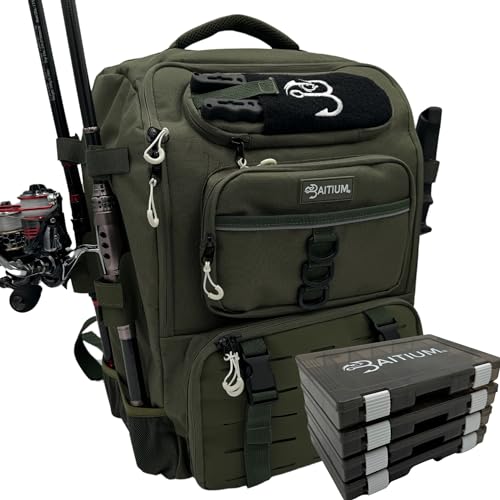 Baitium Fishing Backpack, Tackle Bag With Rod Holders, 40L Capacity With Cooler, Rain Cover, Insulated Pocket, 4 Tackle Trays Included- (Green) - color: Green