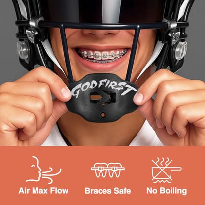 SLEEFS Classic Football Mouthguard with Bold Designs and Removable Strap - color: God First Black