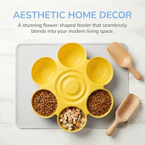 POPETPOP Cat Food Bowl with 6 Bowls - Pet Feeder for Kitten Puppy, Multi Cat Feeder, Multiple Feeder for Indoor s, Feeding Station for Food and Water (Yellow)
