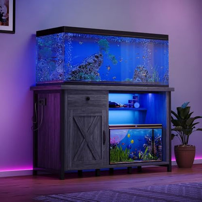 4ever2buy 55-75 Gallon Fish Tank Stand with Power Outlets, LED Light, Heavy Duty Aquarium Stand with Cabinet for Fish Tank Accessories Storage, for Turtle Tank, Reptile Terrarium, 1100LBS, Gray