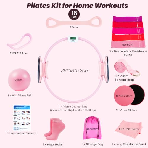 Pilates Kit for Home Workouts,Pilates Equipment for Women with 15" Ring | Pilates Ring with Smart Counter & Timer,Pilates Resistance Bands, Ball 9.8" Socks,Core Sliders Pilates Starter Kit for Women