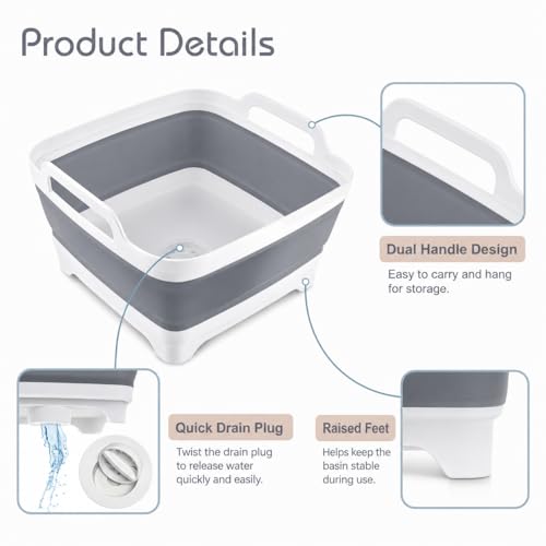 2.4 Gal(9L) Collapsible Dish Basin with Drain Plug, Space Saving Outdoor Multiuse Foldable Sink Tub, Dishpan, Kitchen Storage Tray for Camping, Vegetable Washing, RV (Gray) - color: Gray