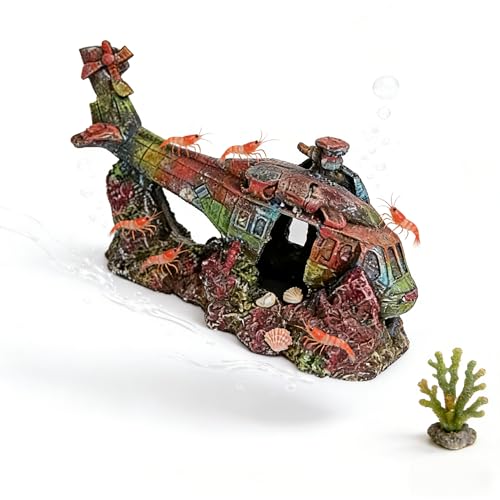 Aquarium Helicopter Ruins Ornament, Realistic Resin Stone Landscaping Decor, Safe Hiding Shelter for Fish Shrimp & Turtles, Ideal for Freshwater Saltwater Tank Aquascape