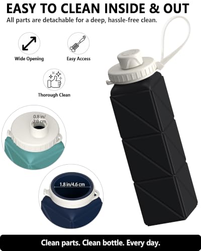 BEAUTAIL Collapsible Water Bottles 21oz/610mL, Silicone Travel Water Bottle | BPA Free, Leakproof & Reusable, Foldable Water Bottle for Traveling, Hiking, Gym, School, Sports, Outdoor, 1-Pack, Black - color: Black